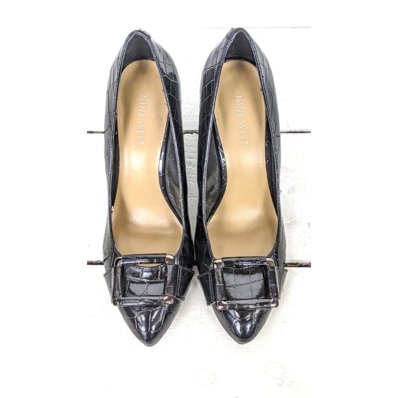 Nine West black croc embossed faux patent leather high heel wedge buckle shoes 7 - Picture 2 of 8